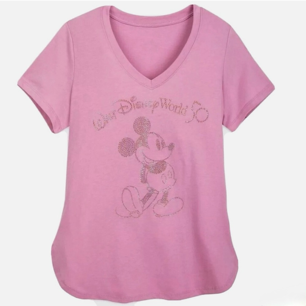 Disney Rhinestone-Embellished Pink Mickey Mouse Short Sleeve Tee